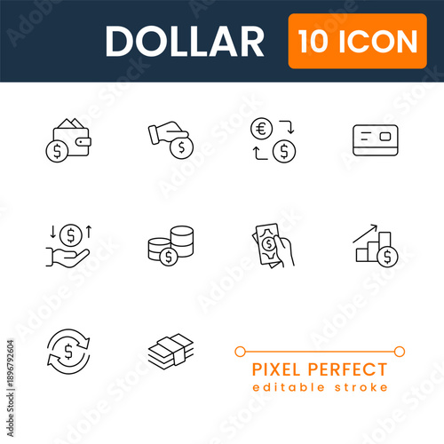 dollar icon pack for finance and banking apps, money cash and currency payment symbols, modern dollar vector UI icons