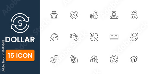 dollar icon set, money and finance symbols, cash payment and currency vector icons, business banking dollar UI icons