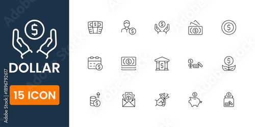 dollar icon set, money and finance symbols, cash payment and currency vector icons, business banking dollar UI icons