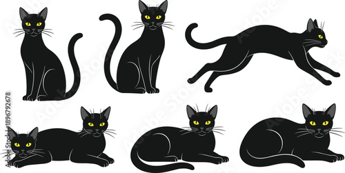 Black Cat Vector Set with Yellow Eyes featuring Various Poses like Sitting Running and Lying Down for Halloween Graphic Design
