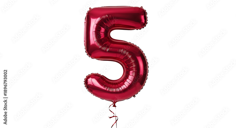 Fototapeta premium vibrant red metallic number five foil balloon reflecting light on a clean white background perfect for celebrating birthdays anniversaries.