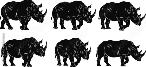 Black Rhinoceros Silhouette Vector Set with Realistic Outlines and Different Leg Positions for Wildlife Conservation, African Safari and Animal Graphics.