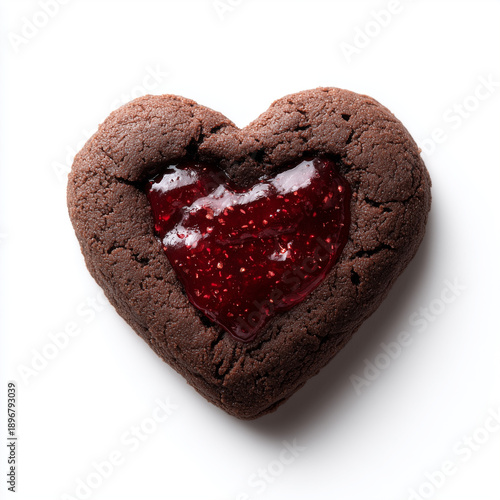 A delicious heart-shaped chocolate cookie with a glossy red jam center, photographed from a top-down perspective on a clean white textured background.