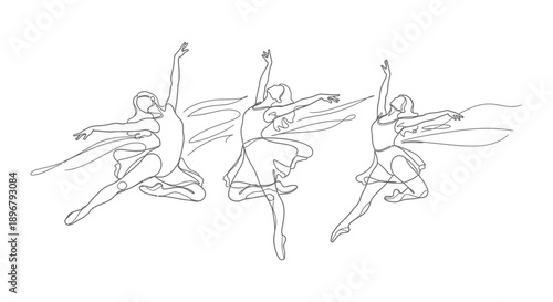 elegant continuous line drawing of three dynamic female dancers in graceful poses illustrating fluidity artistic expression and ballet movements.
