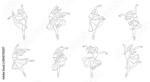 elegant line art of graceful ballet dancers in diverse poses on a white background ideal for dance and artistic design.