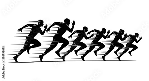 dynamic black silhouettes of runners sprinting rapidly in a race with speed lines illustrating motion power speed and competitive fitness.