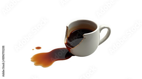 Broken white ceramic cup with dark coffee spilled, symbolizing damage and unfortunate events
