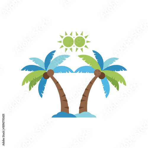 Stylized illustration of two palm trees and two suns, representing a tropical island vacation.