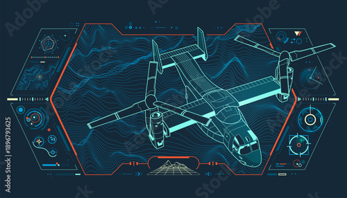 military airplane or aerial mapping technology, graphic of lined helicopter with topographic background and futuristic geographic interface