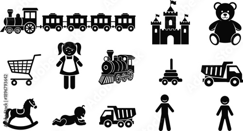 Black silhouette toy icons set featuring wooden train steam engine castle teddy bear doll shopping cart rocking horse and dump truck