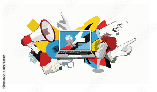 Contemporary journalism halftone collage social media news vector art