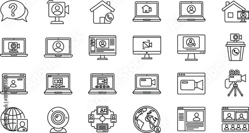 Black and White Video Communication Icons Featuring Remote Work, Conferencing, Webcams, QR Codes, and Global Connectivity