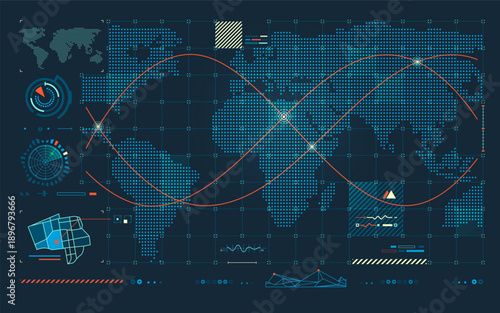 warfare tech or military technology, graphic of dotted world map HUD with radar interface
