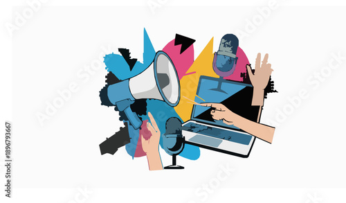 Pop art media collage with megaphone and laptop journalism vector illustration