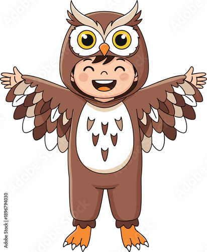 Cheerful Cute Little Boy Wearing a Brown Owl Costume with Wings and Talons for Halloween Party Celebration Flat Vector Illustration