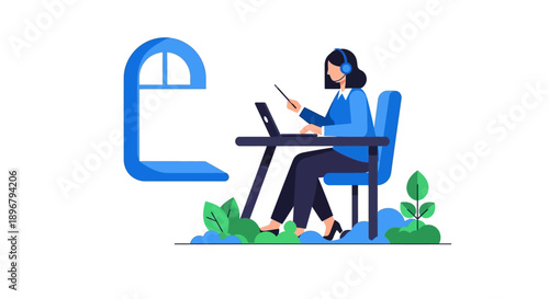 Remote Customer Support Vector. Woman in Headset Working on Laptop for Online Help Desk. Flat Illustration of Virtual Assistant and Service.