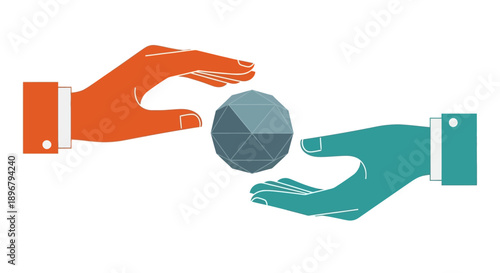 Two Business Hands Safeguarding or Transferring a Geometric Polygonal Sphere. Technology, Data Protection, and Digital Innovation Concept Vector Illustration.