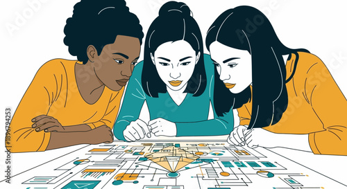 Diverse Teamwork: Women Collaborators Analyzing Strategic Data Flowchart Illustration