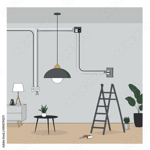 Modern interior design featuring a stylish lamp, ladder, and wall wiring in a cozy room