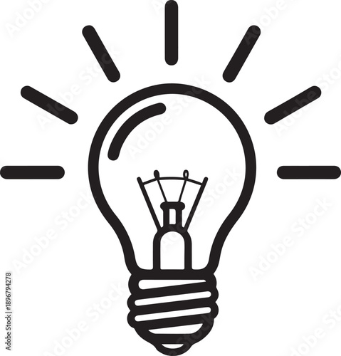 Black and white simple line of a light bulb with radiating lines idea innovation concept symbol