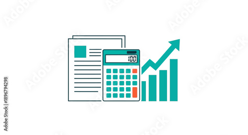 Financial Accounting and Business Growth Vector Icon: Calculator, Report, and Bar Chart with Upward Arrow.