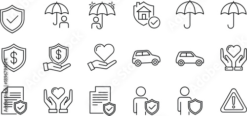 Comprehensive Set of Minimalist Line Icons Representing Insurance Services Security Protection Life Health Home Car Finance and Risk Management Vector