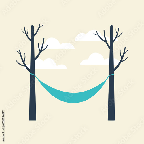 Serene hammock suspended between two trees under a cloudy sky in a tranquil setting