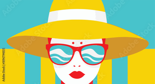 Woman wearing yellow sun hat red sunglasses with blue wave reflection against striped background face