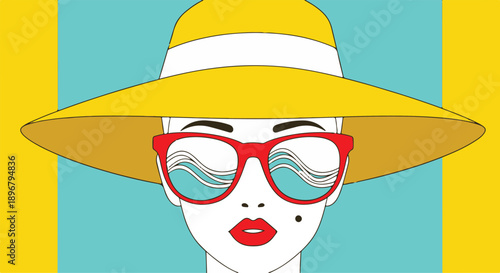 Woman wearing yellow sun hat and red sunglasses reflecting ocean waves yellow hat ocean waves reflection
