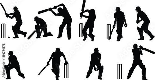 Dynamic silhouettes of cricket players in batting, fielding action poses with stumps, helmets, and pads showcasing teamwork, energy, and sporting spirit in professional cricket illustration