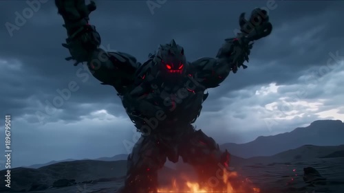 Epic Stone Golem Emerges from Fire in Dramatic Fantasy Scene.