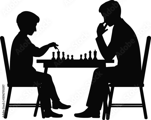 Silhouette illustration of child and adult playing chess at table, symbolizing strategy, learning, mentorship, competition, and intellectual interaction in educational and recreational design concept