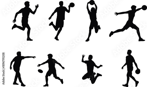 Energetic silhouettes of handball players in dynamic motion, showcasing jumps, throws, catches, and teamwork intensity, ideal for sports design, athletic branding, and competitive inspiration.