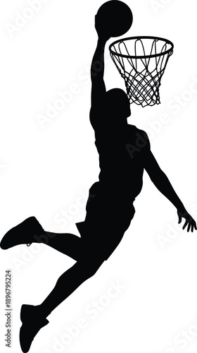 Silhouette of basketball player performing slam dunk in mid-air – dynamic sports moment ideal for themes of athleticism, action, competition, and urban energy.