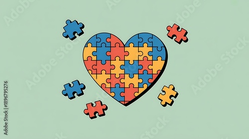 Colorful puzzle pieces form a heart shape with scattered elements, representing autism awareness.