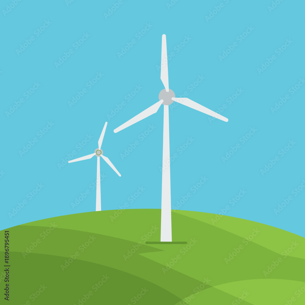 Fototapeta premium Two wind turbines stand against a clear blue sky, symbolizing renewable energy