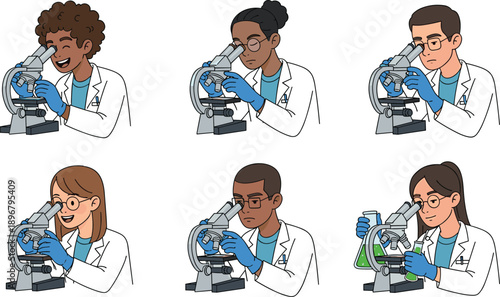Diverse Group of Scientists and Researchers Using Microscopes and Glassware in a Laboratory Setting for Scientific Discovery and Medical Research