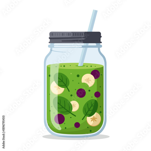 Refreshing green smoothie in a jar with fruits and leaves, set against a bright background