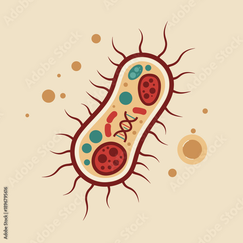Colorful illustration of a bacterium with unique shapes and structures on a beige background