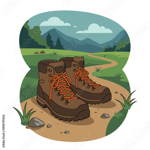 Hiking boots on a trail in a scenic landscape with mountains and trees