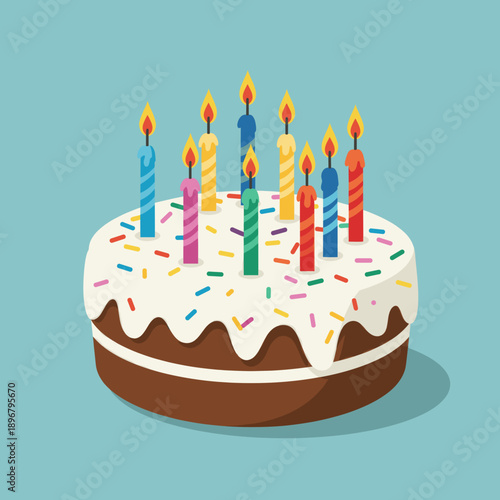 Colorful birthday cake with lit candles and sprinkles against a light blue background
