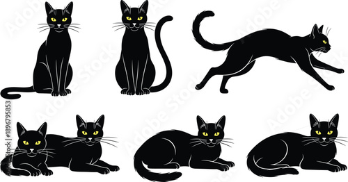 Elegant Black Cat Silhouette Vector Set Featuring Various Poses Including Sitting Jumping Stretching and Lying Down with Bright Yellow Eyes