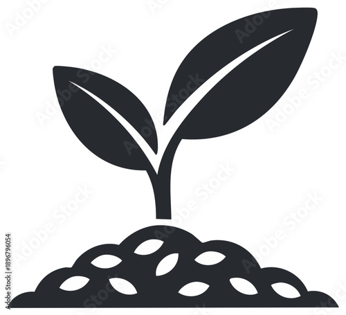 Simple dark silhouette of a young plant seedling growing from fertile soil representing new life and growth