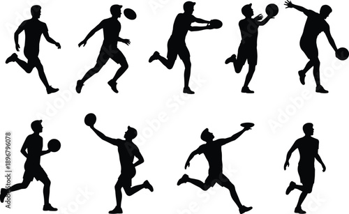 Silhouettes of athletes playing Frisbee in dynamic poses, running, jumping, throwing, and catching disc, showcasing teamwork, agility, and outdoor recreation for sports illustration design