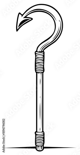 Conceptual question illustration depicting uncertainty and inquiry using a fishing hook with arrow shaped barb, vector graphic