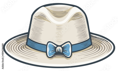 Stylish Panama Hat with Blue Ribbon Accent in Illustration Style Summer vacation headwear featuring a straw texture and a decorative bow