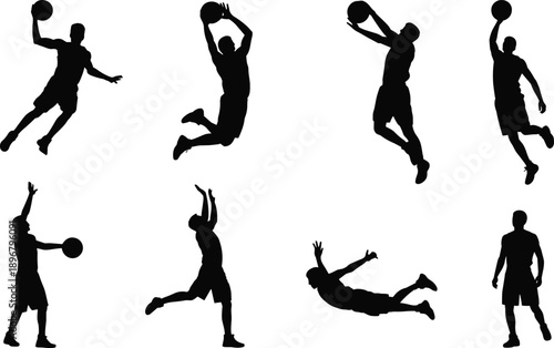 Silhouettes of basketball players in dynamic poses with ball, showcasing dribbling, shooting, dunking, and jumping actions for sports illustration, teamwork concept, and athletic design inspiration