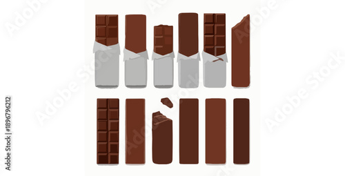 Assorted chocolate bars vector illustration set with wrapped and unwrapped realistic sweets