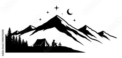 Silhouette Camping Adventure Under Moonlit Mountain Peaks