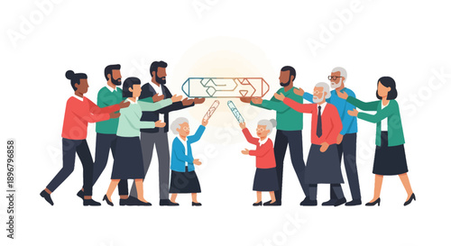 Intergenerational knowledge transfer and digital legacy exchange. Diverse people, young and senior, collaborate to connect technological progress and future succession planning.
